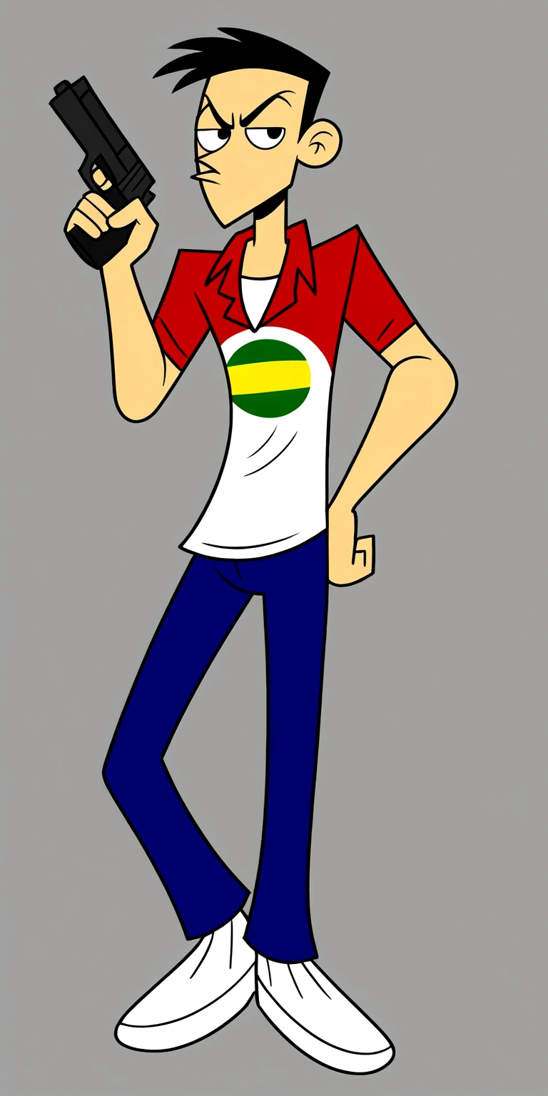 Brazilian wearing a Flamengo team shirt pointing a pistol
