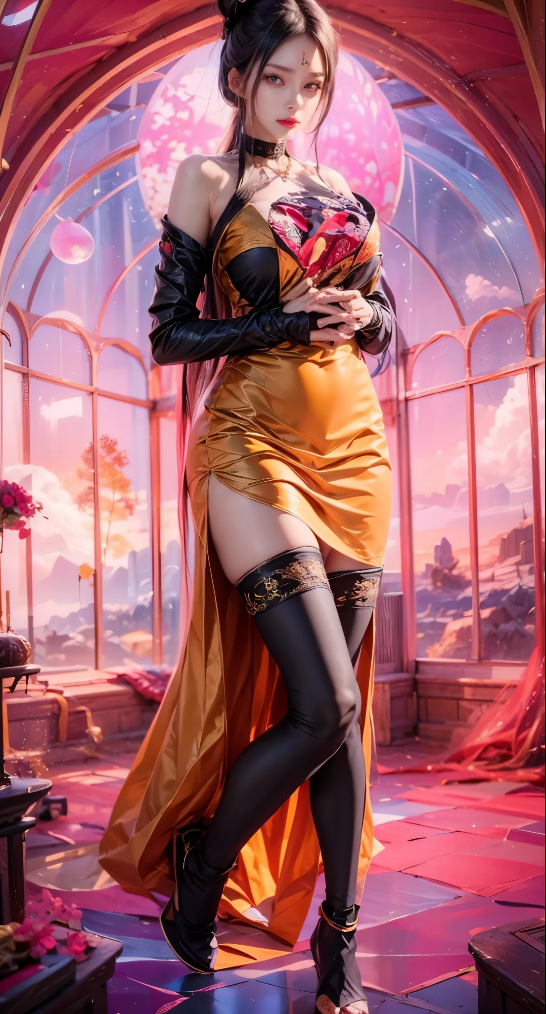 realistic, 1 women, best quality, 12k, HD, long hair, big round breasts, cleavage, ponytail, necklace, jewelry, shorts, short jacket, slim hips, hair tie, yellow eyes, black hair, super detailed, Eye details, hair details, person details, mouth details, face details, breast details, clothes details, hair details, pants details, hand details, whole body