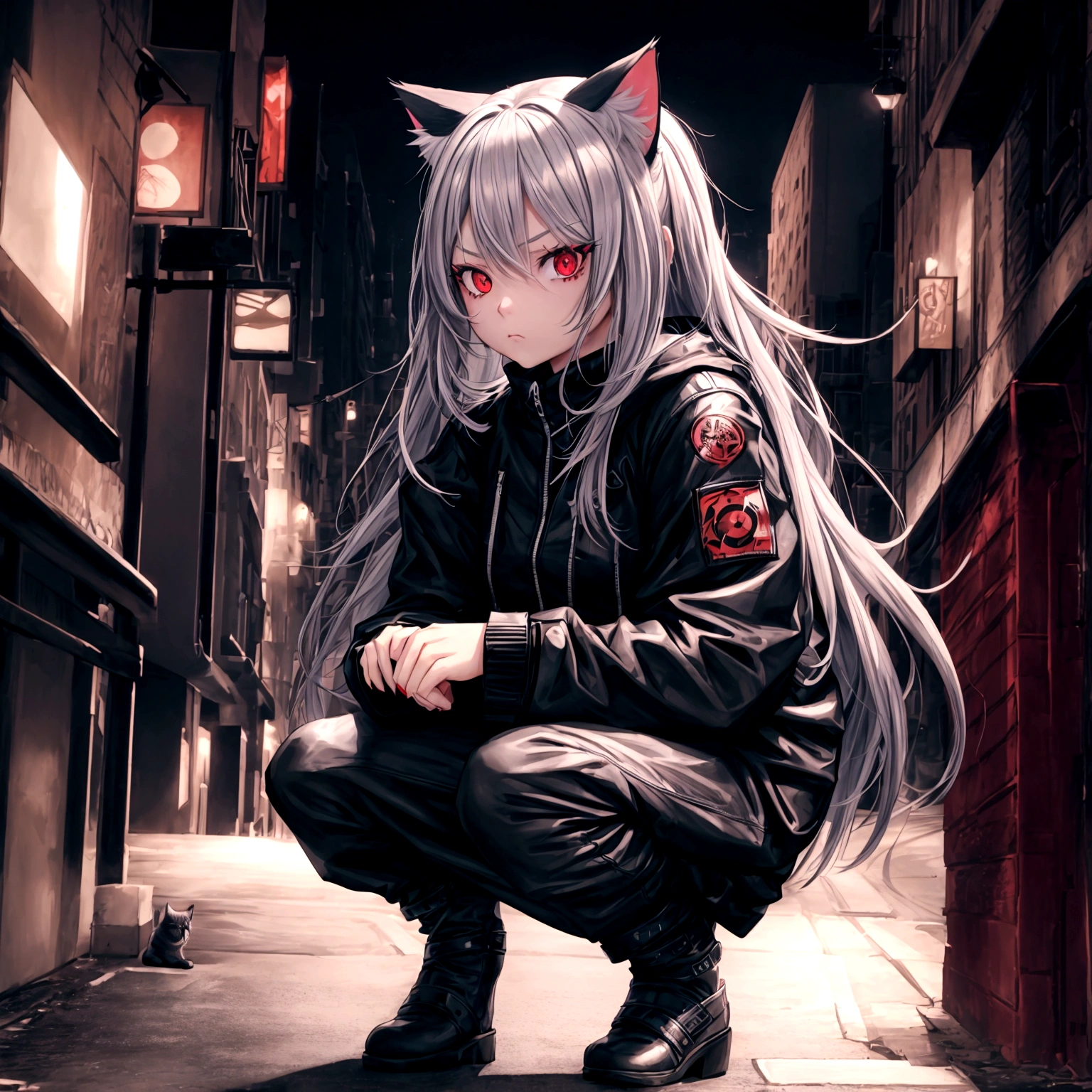 1 girl, cool, intimidation, long hair, gray hair, red eye, cat ear, black jacket, city, town, squat, 2.5D, 3D, 8K