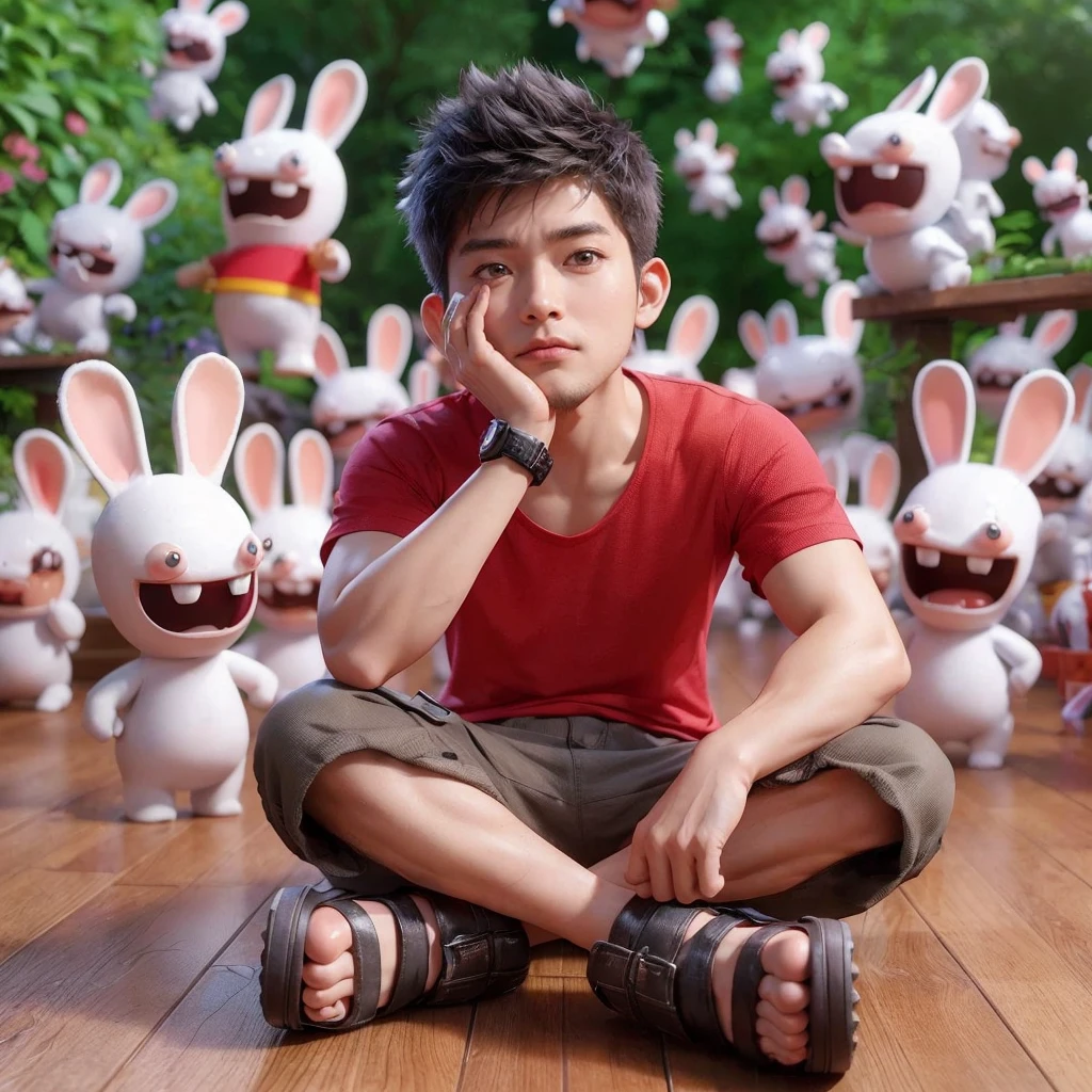 Hyper realistic 3d ,an Asian man, 25 years old, short and spiky hair, wearing a red t-shirt, short cargo pants and sandals ,was daydreaming while sitting cross-legged ,There are lots of Rabbids Invasion characters around him ,background of a garden with ,4k ,cinematic,ultra realistic, Very detailed ,UHD