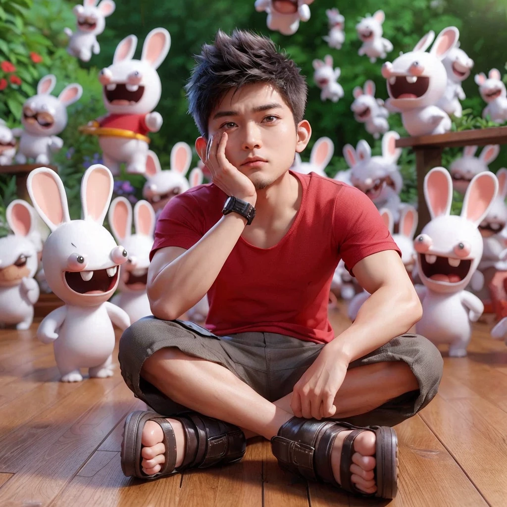 Hyper realistic 3d ,an Asian man, 25 years old, short and spiky hair, wearing a red t-shirt, short cargo pants and sandals ,was daydreaming while sitting cross-legged ,There are lots of Rabbids Invasion characters around him ,background of a garden with ,4k ,cinematic,ultra realistic, Very detailed ,UHD