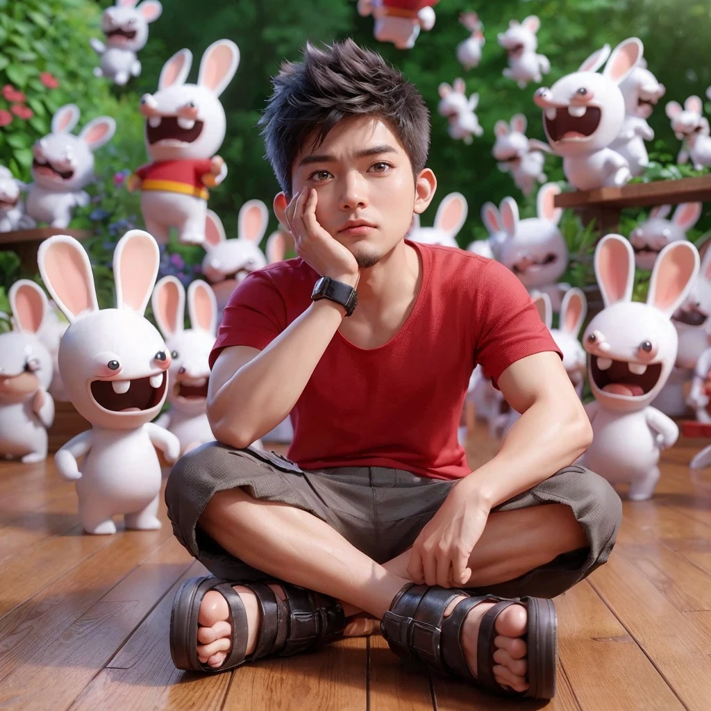 Hyper realistic 3d ,an Asian man, 25 years old, short and spiky hair, wearing a red t-shirt, short cargo pants and sandals ,was daydreaming while sitting cross-legged ,There are lots of Rabbids Invasion characters around him ,background of a garden with ,4k ,cinematic,ultra realistic, Very detailed ,UHD