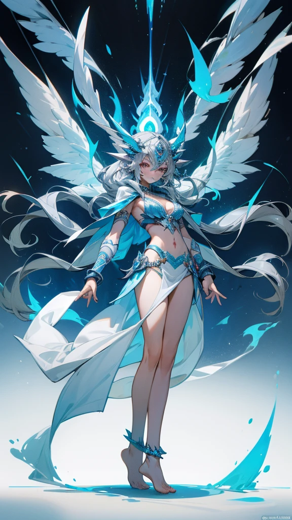 Beautiful girl with long gray hair and blue skin，headgear，Bracelet，anklet，Indian Goddess，six arms，White top，cleavage，Tattoo，Hood cloth，Bare Legs，barefoot，Standing，blue flame