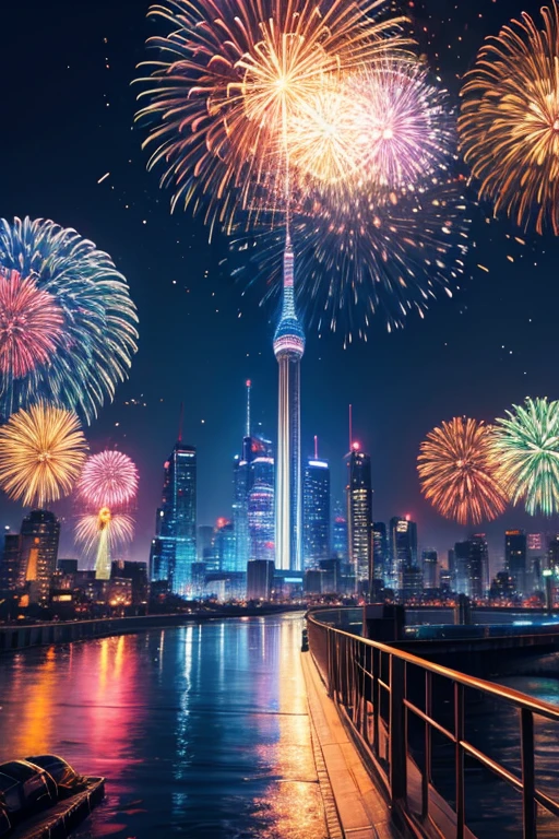 Highest quality、Landscape painting、firework、Neon lights in the city