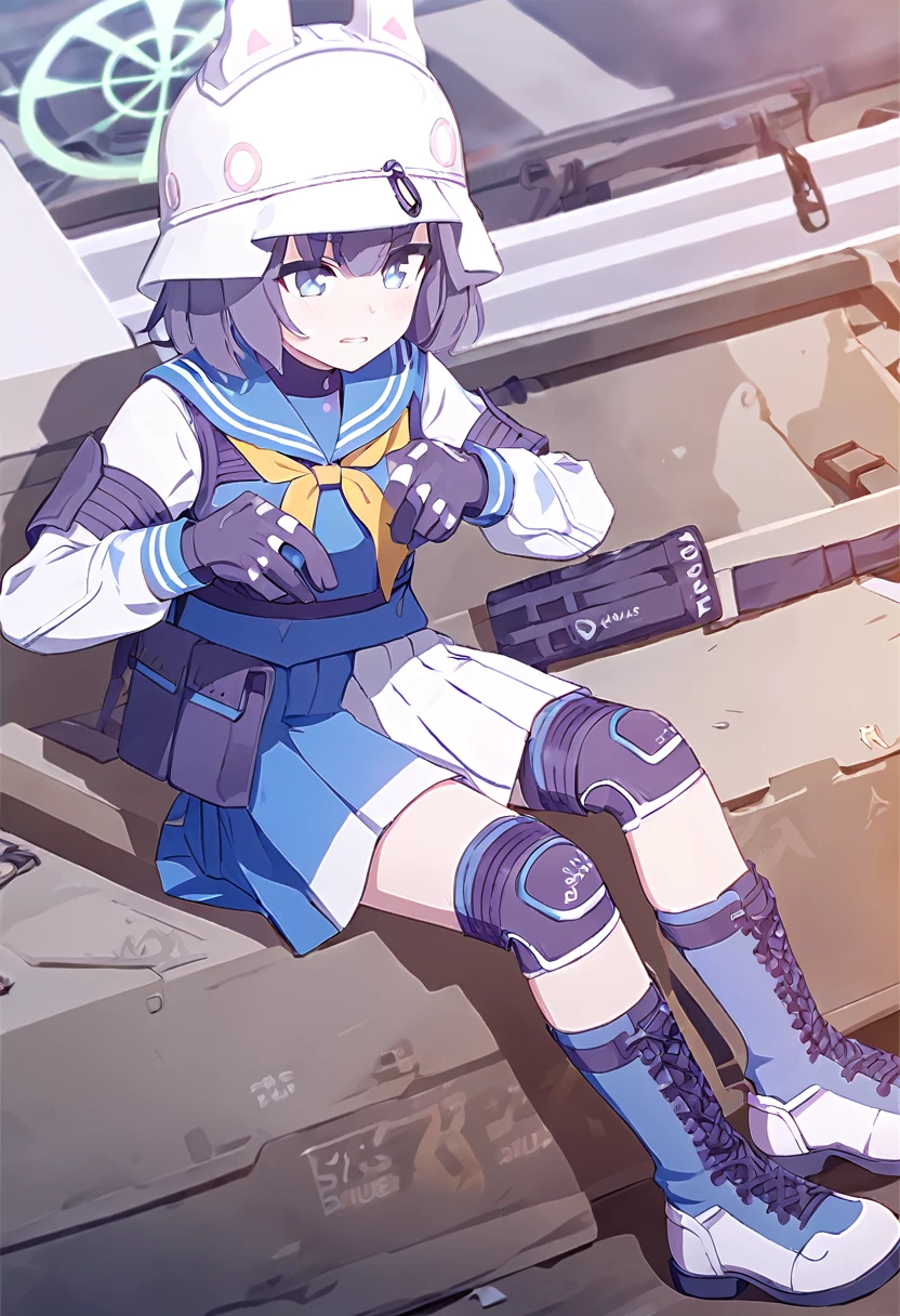 saki (blue archive),blue eyes,purple hair,short hair,halo,sailor collar,serafuku,pleated skirt,gloves,helmet,fake animal ears, boots,knee pads