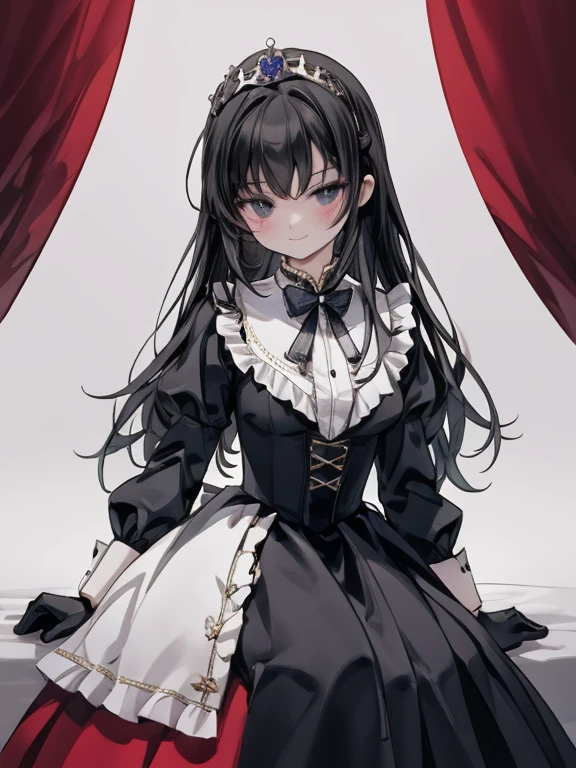 masterpiece, Highest quality, Very detailed, 16K, Ultra-high resolution, Cowboy Shot, anatomically correct, 16-year-old girl, Detailed face, Mischievous Smile, black eye, Black Hair, Long Straight, victorian dress, (Crimson Dress:1.5), (tiara:1.4), brooch, White gloves, Long Skirt, royal palace, The King's Room, audience