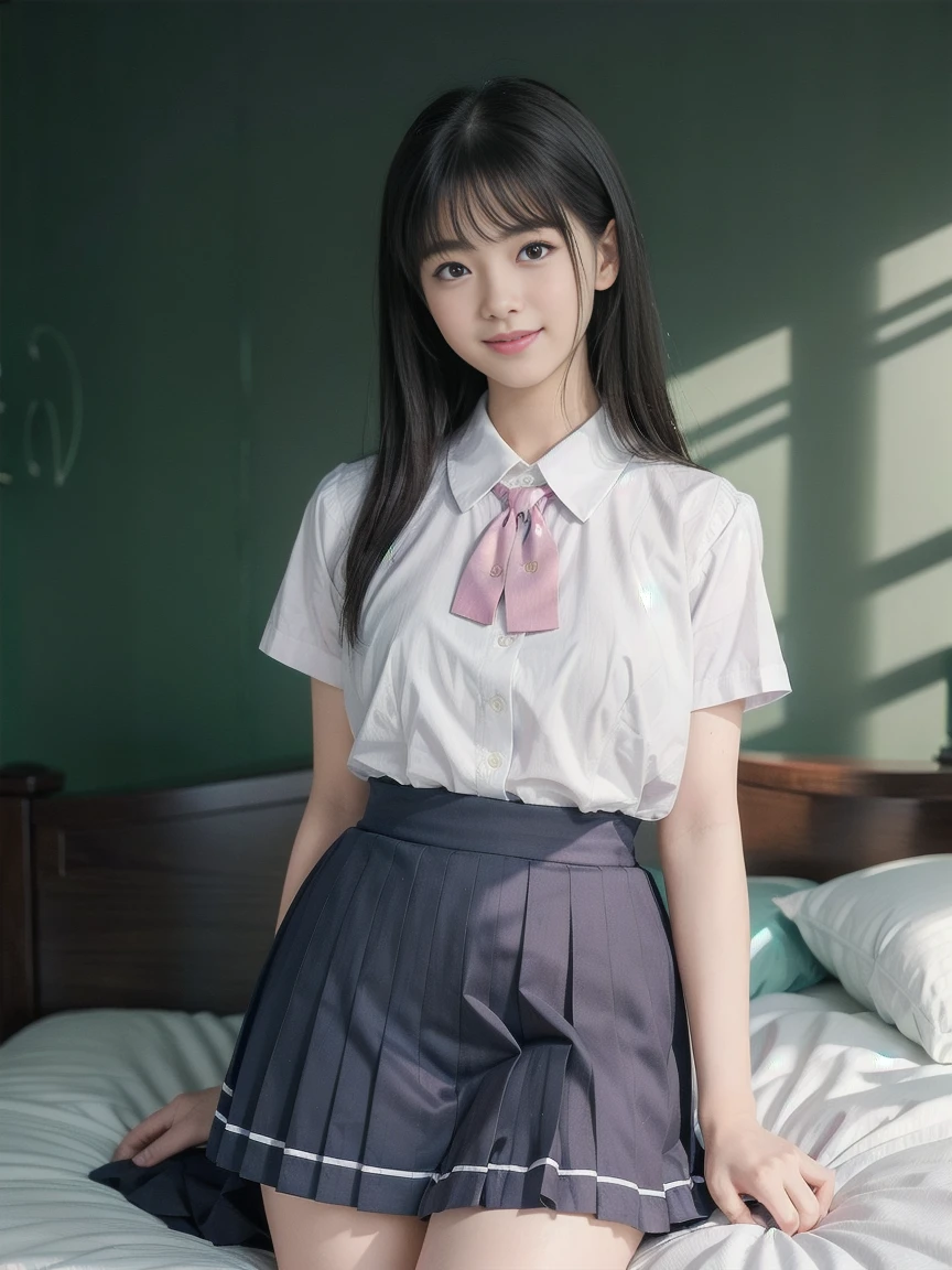 Browsing Caution、8K,Highest quality, masterpiece, Very detailed, Ultra-high resolution, Realistic, RAW Photos, , Absolute Resolution, Complete limbs、Complete Anatomy、Perfect beautiful skin、pretty girl1人,pretty girl 、、(smile:1.2)、Lolita Girl、(school uniform:1.3)、(Short sleeve white collar shirt:1.1)、 、、Micro Mini Skirt、、Accentuate your thighs、pretty girl、 , Realistic young gravure idol, Japanese Girls、、alone、(bedroom:1.2)、