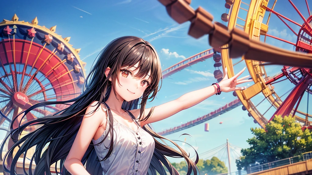high resolution , amusement park , One Girl , Black Hair , Long Hair , Brown eyes , smile , summer , Date , Cute Anime Girl