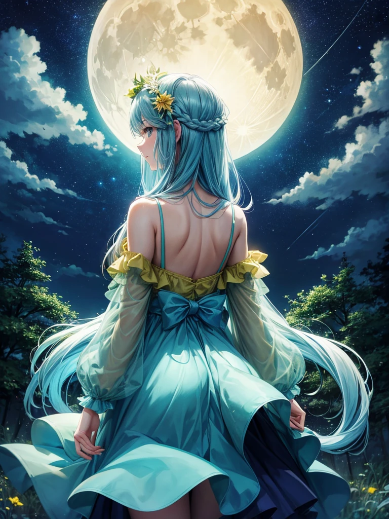 Highest quality,Highest Resolution,Back view of a beautiful girl looking at the night sky in the forest,Light blue dress,Yellow-green semi-long hair,Night sky with big moon and clouds,