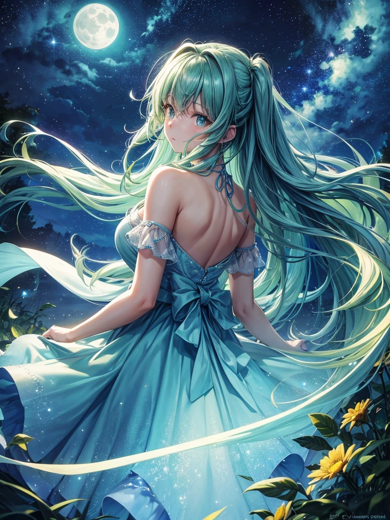 Highest quality,Highest Resolution,Back view of a beautiful girl looking at the night sky in the forest,Light blue dress,Yellow-green semi-long hair,Night sky with big moon and clouds,