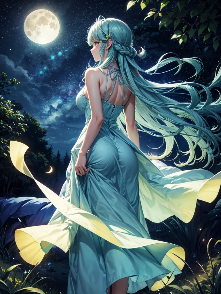 Highest quality,Highest Resolution,Back view of a beautiful girl looking at the night sky in the forest,Light blue dress,Yellow-green semi-long hair,Night sky with big moon and clouds,