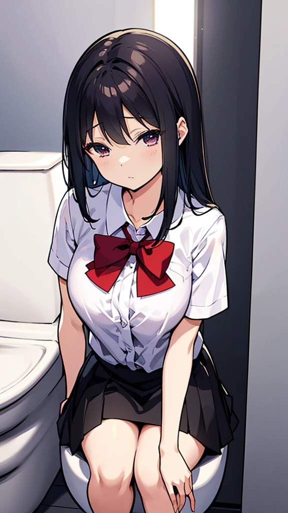 darkness、toilet、Ms. Hanako、Black Hair、Red Skirt、Young Girl、Dim lighting、White shirt
