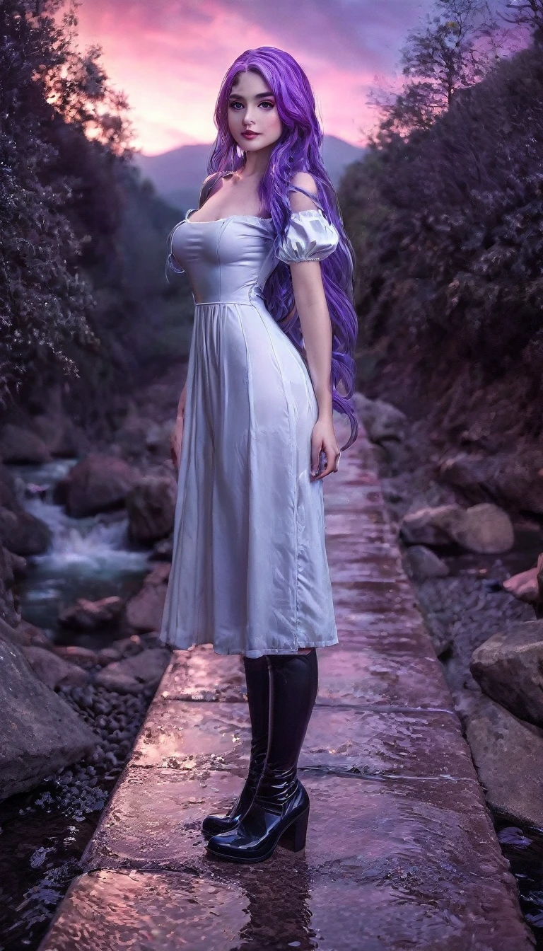 hdr, best image, 8k, photo 3;1, of A beautiful woman, blue latex dress, below the knee, long purple hair, 'black shoes', standing in 1; narrow bridge, white ivory with GOLD, red tile floor, high, over the mountains, descending to the infinity of the universe, stars of the cosmos, universe, giant mountain, rain calm.