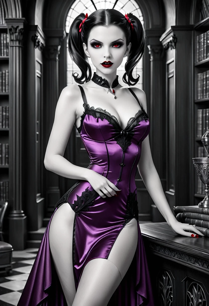 fantasy art deco (art deco: 1.5) A (black and white: 1.5) glamours (vampire: 1.5) model shot, RAW, award winning, of an exquisite beautiful 1solo female vampire, ultra feminine, full body, busty woman, most beautiful face ultra detailed face, ((long twin tails: 1.3)), pale skin, glowing (red: 1.3) eyes, wearing (lavender: 1.5) silk glamour intricate dress, wearing intricate high heels, light make up, ancient library background, (black and white filter: 1.4), (anatomically correct: 1.4), 1960s photoshoot style, picture taken from dynamic range, vibrant, Ultra-high resolution, High Contrast, (masterpiece:1.5), highest quality, Best aesthetics), best details, best quality, highres, ultra wide angle, 16k, [ultra detailed], masterpiece, best quality, (extremely detailed), Intense Gaze, dark novel, mega twintails