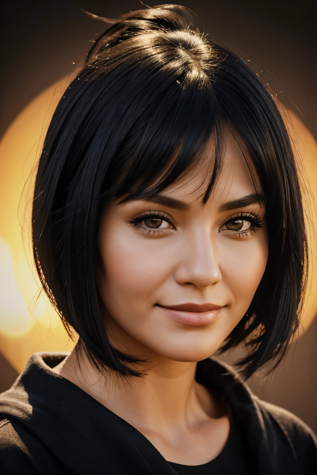 30 year lady, neud, black eyes, black hair, warm background, smirk