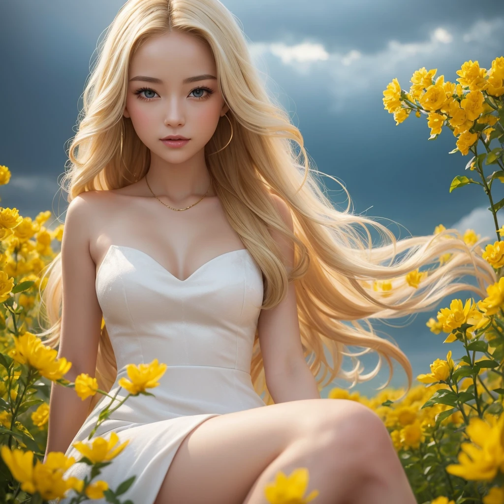 Create me a beautiful woman, long smooth (curled below) blonde hair, sitting on a cloud, she has the ability to determine the weather with a golden rod, background a mixture of storm and good weather, White, velvet dress on