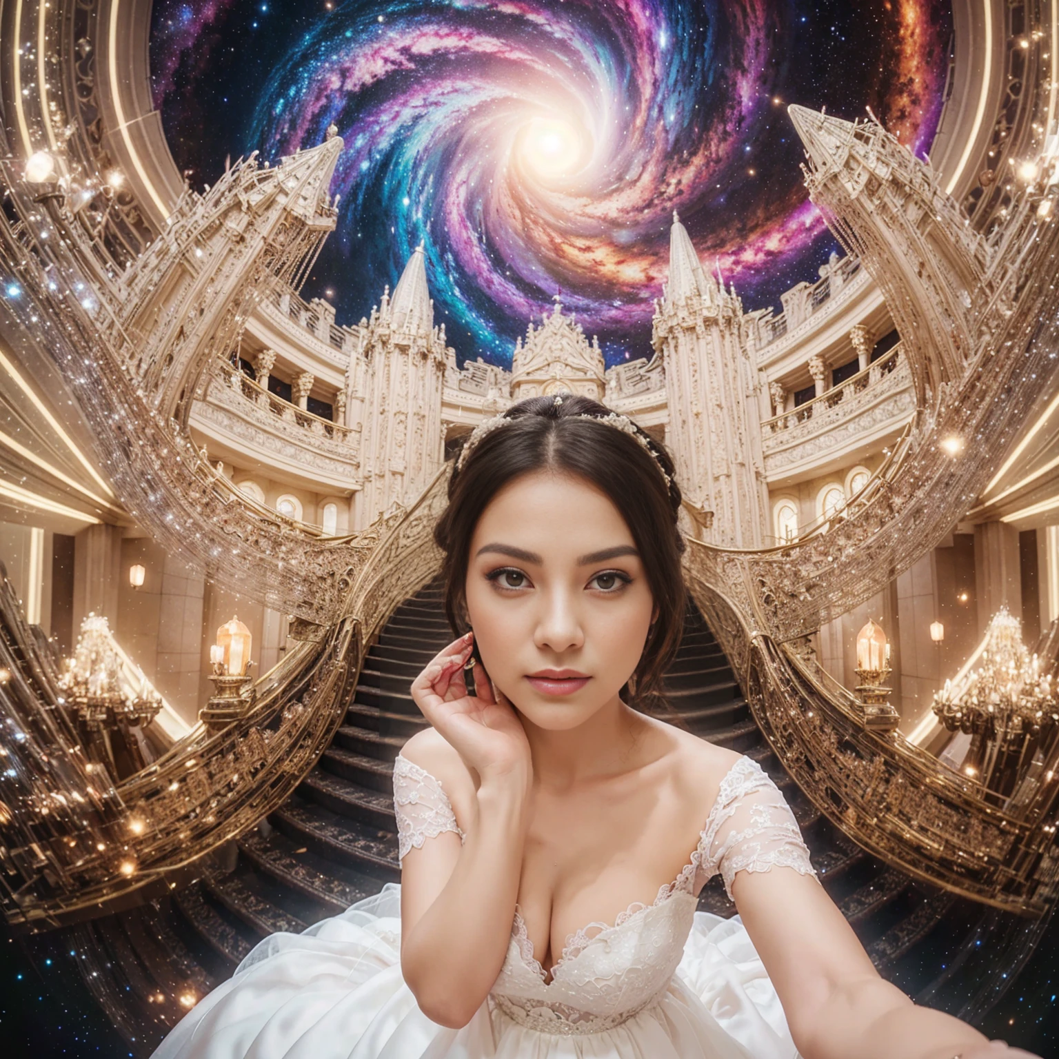 arafed image of a woman in a wedding dress posing for a picture, inside her surreal vr castle, goddess of galaxies, 8k selfie photograph, strange portrait with galaxy, wide angle fantasy art, wide angle dynamic portrait, fantasy beautiful, galaxy, sha xi, spiral heavens, album art, palace floating in heaven, grand!, 4k highly detailed digital art