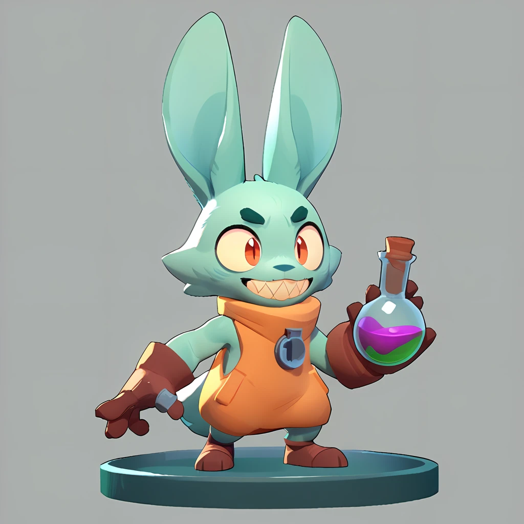 Full body view of a small spherical male monster with light teal fur, long ears, sharp teeth, smiling, holding a green potion in his hand, lies in a laboratory