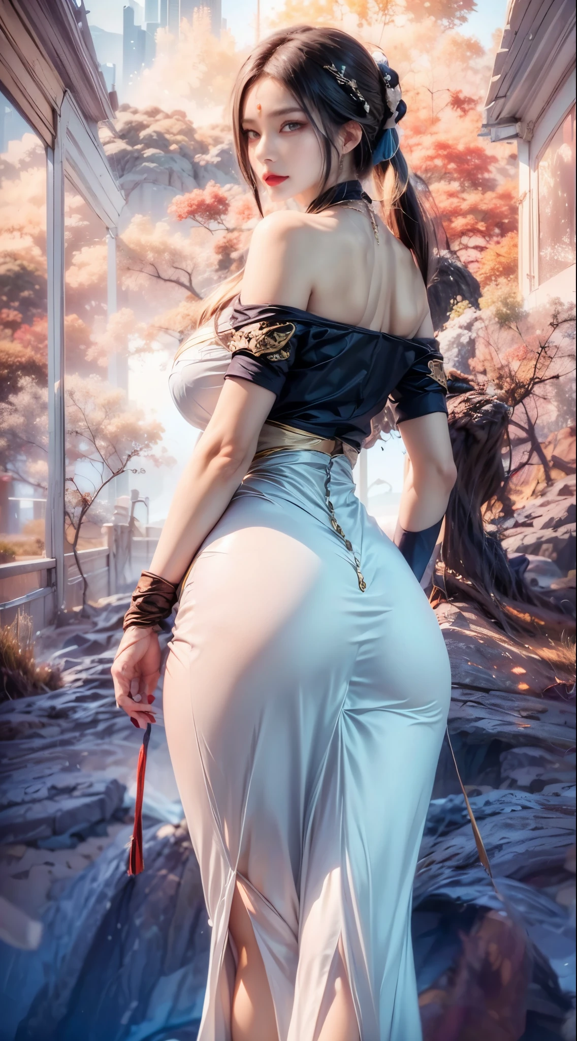 realistic, 1 women, best quality, 12k, HD, long hair, big round breasts, cleavage, ponytail, necklace, jewelry, shorts, short jacket, slim hips, hair tie, yellow eyes, black hair, super detailed, Eye details, hair details, person details, mouth details, face details, breast details, clothes details, hair details, pants details, hand details, whole body
