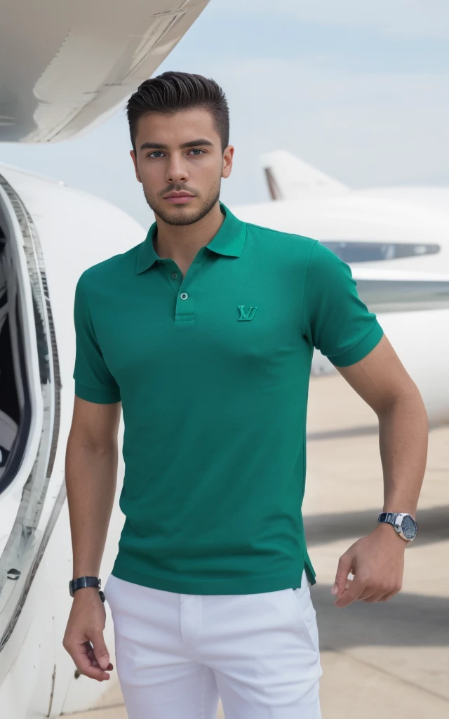 Young man, 23, attractive face, ultra-detailed, short, wispy hair that falls in front, green eyes, slightly muscular, full body, with polo shirt, Louis Vuitton, white pants, chino, Nike shoes, Rolex watch on left handle, charismatic, private jet, rich, money, business.
