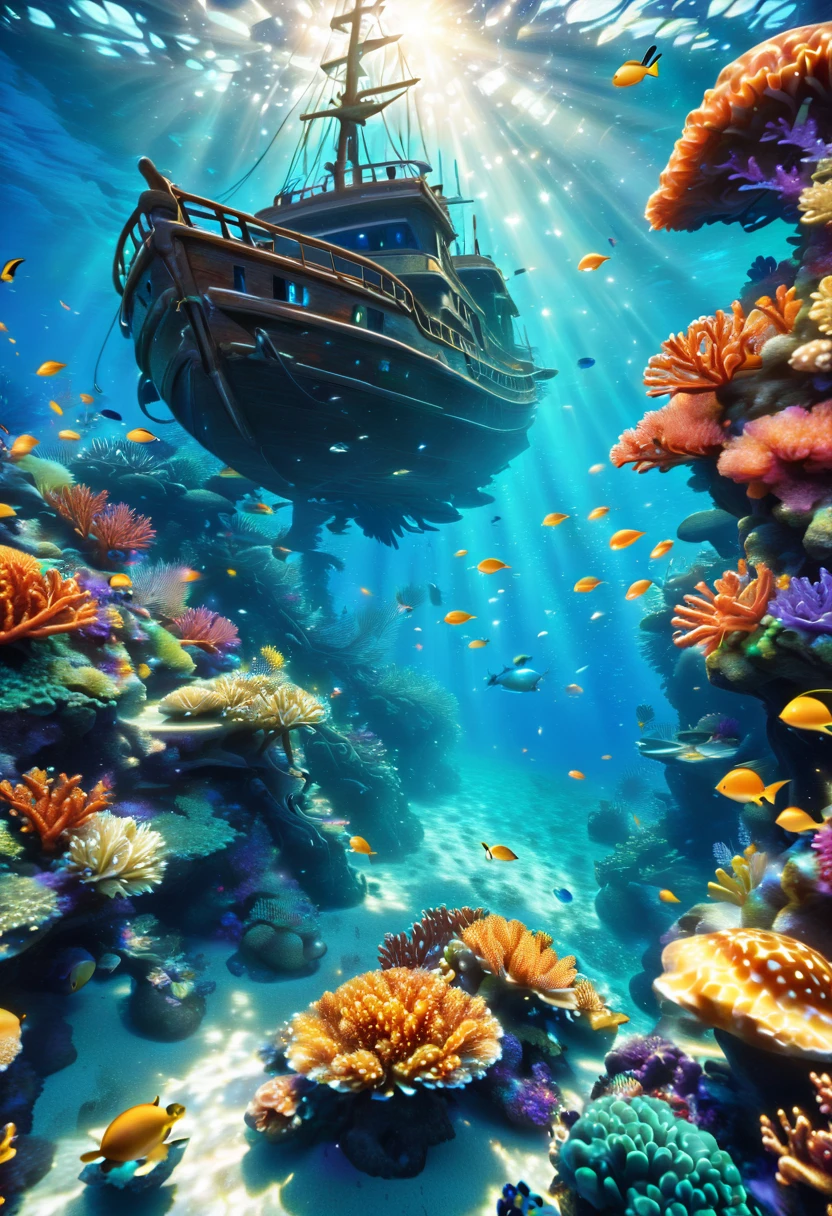 a beautiful detailed underwater scene with deep blue water, a variety of marine life, coral reefs, sunlight filtering through the water, schools of tropical fish, sea turtles swimming gracefully, bioluminescent plankton, a coral-encrusted shipwreck, realistic water simulation, stunning 8k resolution, cinematic lighting, vibrant colors, photorealistic, masterpiece, sharp focus, very detailed, hd realistic, beauty mermaid highlight