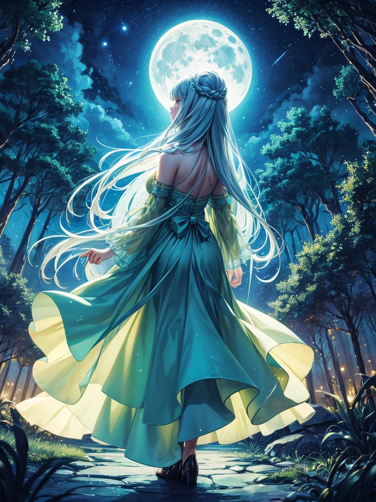 Highest quality,Highest Resolution,Back view of a beautiful girl looking at the night sky in a moonlit forest,Light blue dress,Yellow-green semi-long hair,Night sky with big moon and clouds,