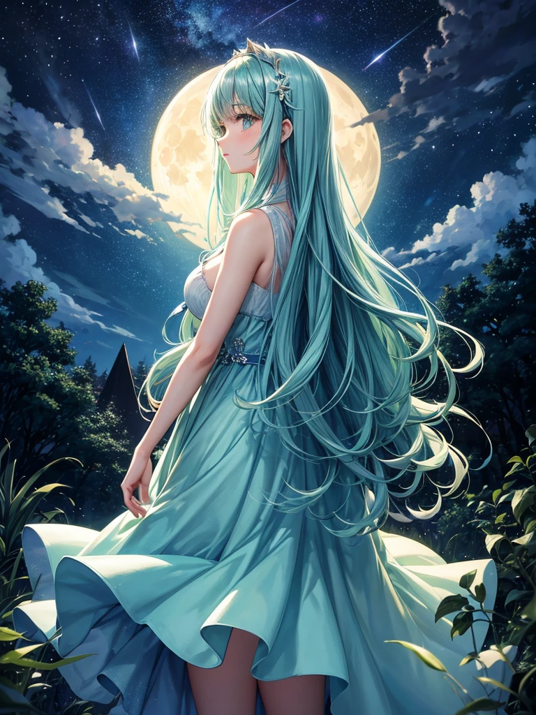 Highest quality,Highest Resolution,Back view of a beautiful girl looking at the night sky in a moonlit forest,Light blue dress,Yellow-green semi-long hair,Night sky with big moon and clouds,