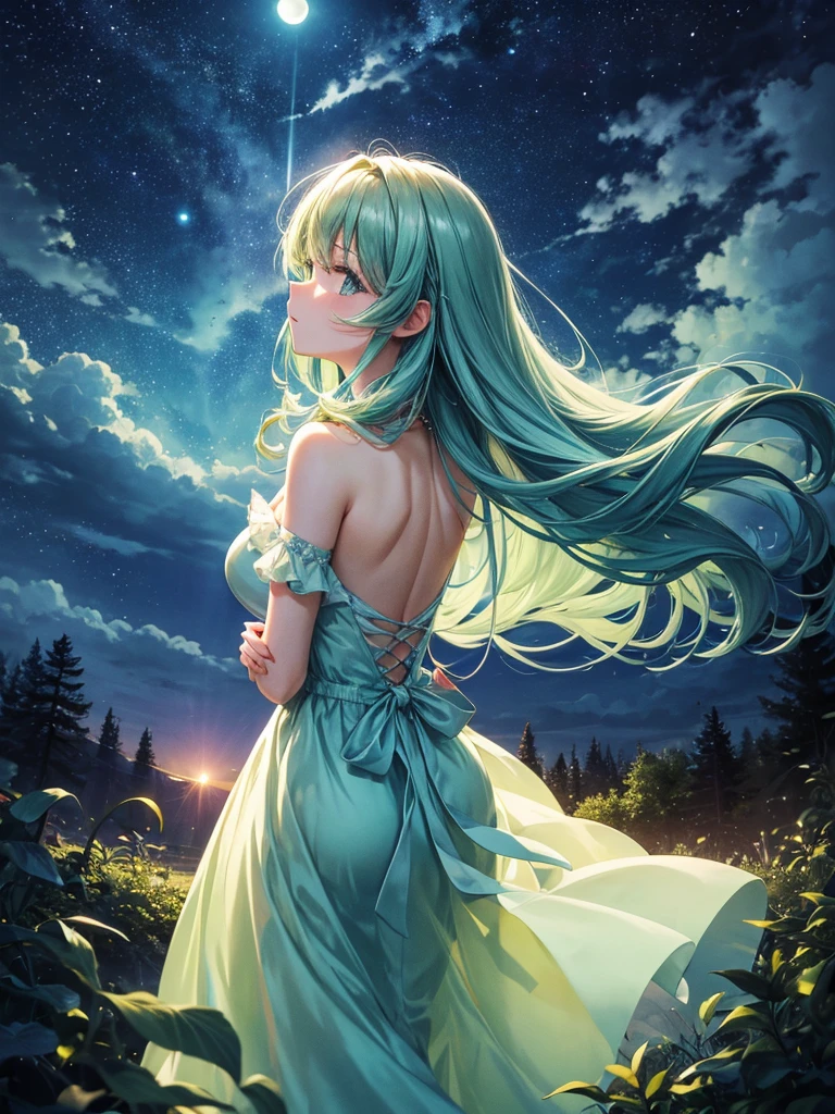 Highest quality,Highest Resolution,Back view of a beautiful girl looking at the night sky in a moonlit forest,Light blue dress,Yellow-green semi-long hair,Night sky with big moon and clouds,