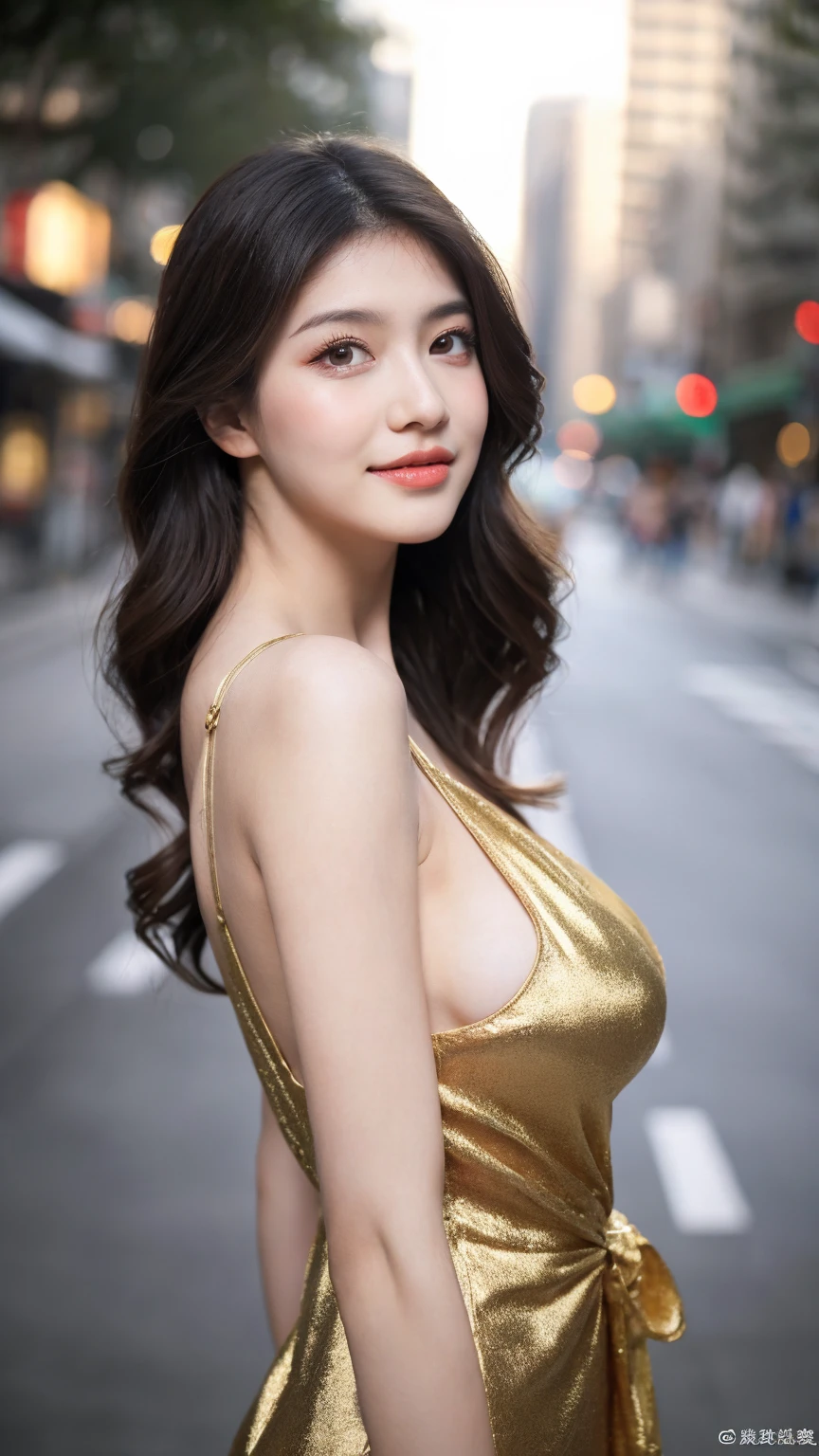 ((Best quality, 8K, masterpiece:1.3)),1girl,18 years old,Asian,Real texture:1.3,(Background blur:1.1),Gorgeous long dress,Tall and slender figure:1.2,(Hot summer weather),(street:1.3),Highly detailed face and skin textures,Exquisite eyes,Long eyelashes,Double eyelids,Skin Whitening,happy,Various postures,Big breasts