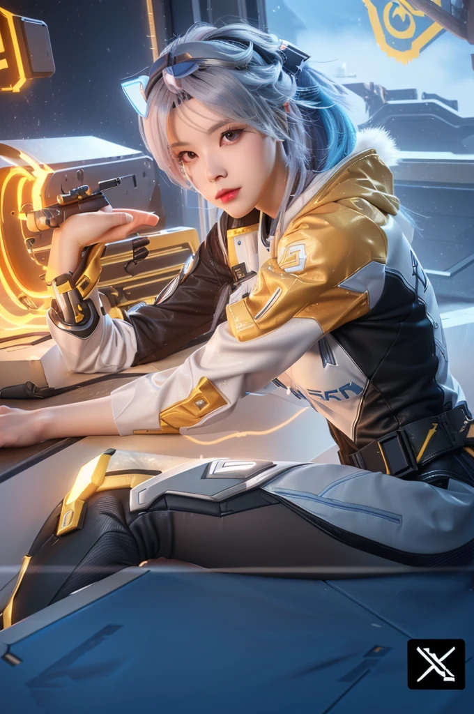 a close up of a woman in a futuristic outfit with a gun, echo from overwatch, ashe, overwatch fanart, overwatch style, inspired by Leng Mei, overwatch inspired, overwatch splash art, from overwatch, extremely detailed