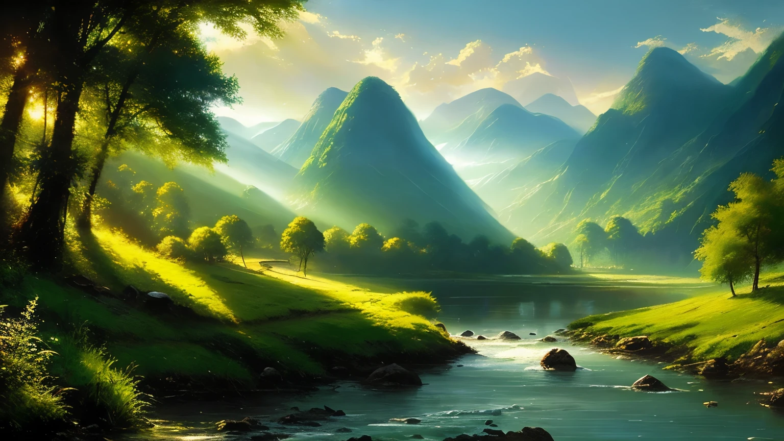 oil painting with beautiful landscape of green hill and river with bright rays from sky, wide view, elegant intricate artstation concept art by craig mullins detailed