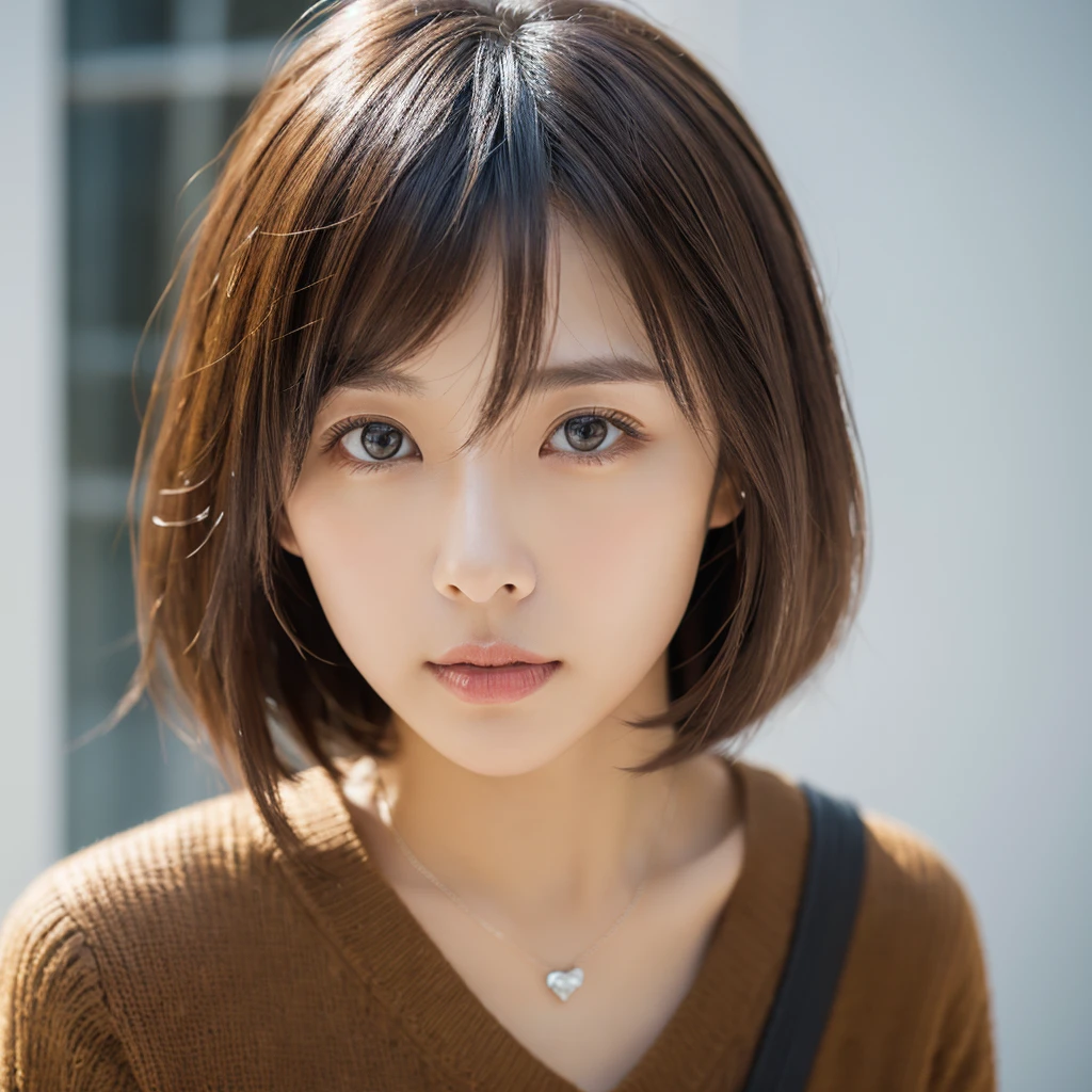 ((Tabletop,Highest quality)), (Like the picture:1.4),((Tabletop,8K))、White wall、(White Room)、((Full body photo))、Photographed in natural light、Highly detailed face and skin texture、Highly detailed lips、The correct state of the human body、Ultra-high resolution、(Photorealistic:1.4)、Highest quality, One beautiful woman, 38 years old, s, 150mm lens、Light Yellow Knit、(Dark brown medium short hair)、Japanese women、(Dark brown hair)、Various poses、Looking into the camera、Natural color lip、Winter clothes、 necklace、indoor