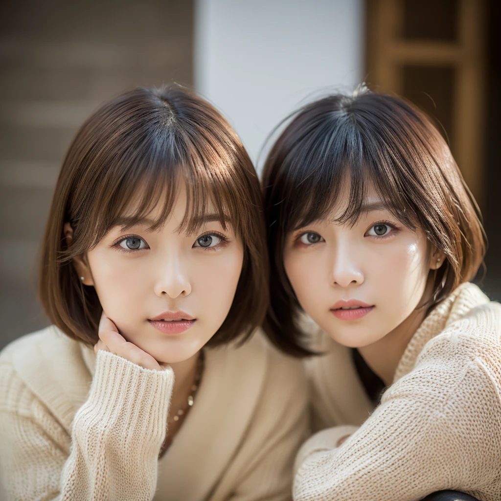 ((Tabletop,Highest quality)), (Like the picture:1.4),((Tabletop,8K))、White wall、(White Room)、((Full body photo))、Photographed in natural light、Highly detailed face and skin texture、Highly detailed lips、The correct state of the human body、Ultra-high resolution、(Photorealistic:1.4)、Highest quality, One beautiful woman, 38 years old, s, 150mm lens、Light Yellow Knit、(Dark brown medium short hair)、Japanese women、(Dark brown hair)、Various poses、Looking into the camera、Natural color lip、Winter clothes、 necklace、indoor