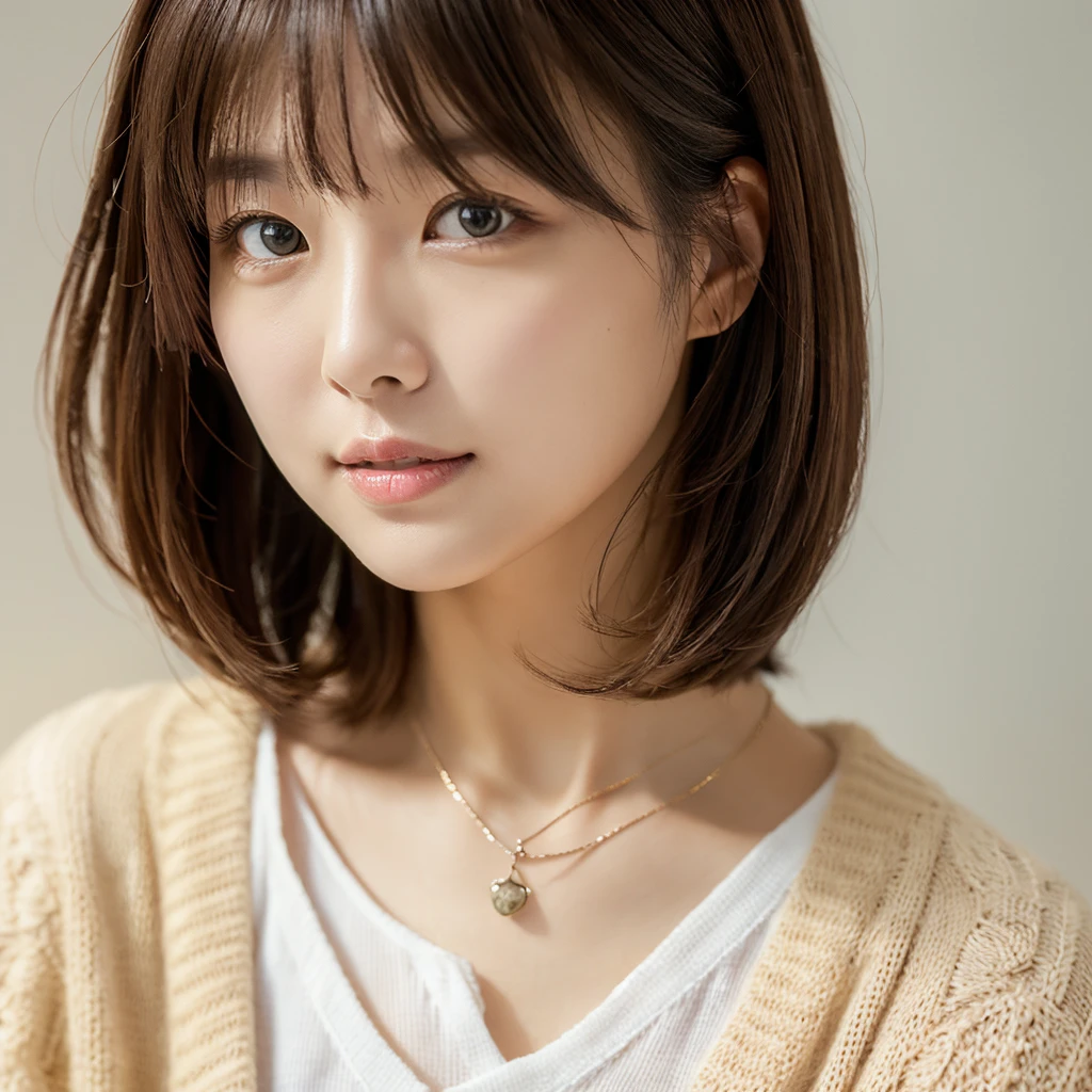 ((Tabletop,Highest quality)), (Like the picture:1.4),((Tabletop,8K))、White wall、(White Room)、((Full body photo))、Photographed in natural light、Highly detailed face and skin texture、Highly detailed lips、The correct state of the human body、Ultra-high resolution、(Photorealistic:1.4)、Highest quality, One beautiful woman, 38 years old, s, 150mm lens、Light Yellow Knit、(Dark brown medium short hair)、Japanese women、(Dark brown hair)、Various poses、Looking into the camera、Natural color lip、Winter clothes、 necklace、indoor