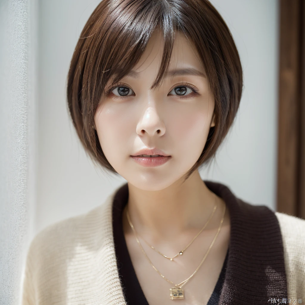 ((Tabletop,Highest quality)), (Like the picture:1.4),((Tabletop,8K))、White wall、(White Room)、((Full body photo))、Photographed in natural light、Highly detailed face and skin texture、Highly detailed lips、The correct state of the human body、Ultra-high resolution、(Photorealistic:1.4)、Highest quality, One beautiful woman, 38 years old, s, 150mm lens、Light Yellow Knit、(Dark brown medium short hair)、Japanese women、(Dark brown hair)、Various poses、Looking into the camera、Natural color lip、Winter clothes、 necklace、indoor