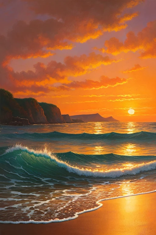 Highest quality、Landscape painting、Seaside、Sunset、orange