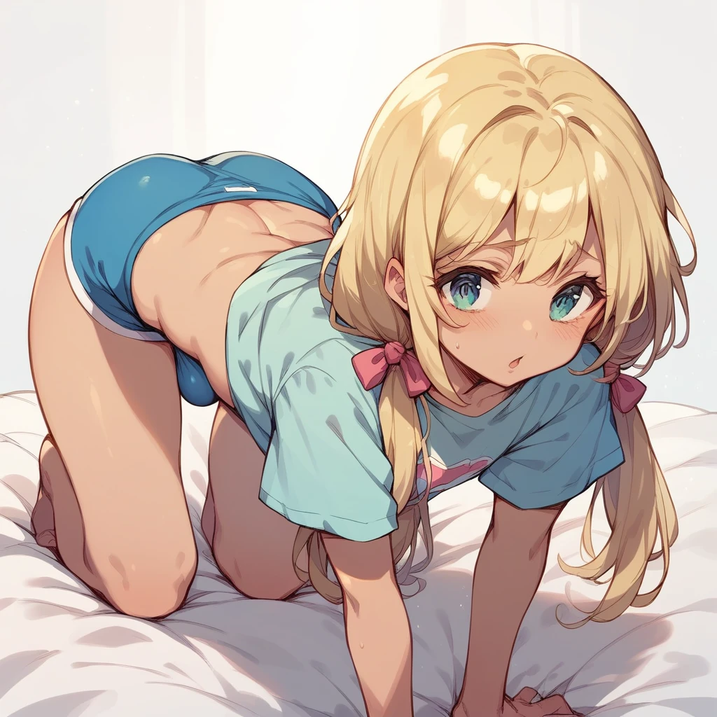 (Crossdresser),blonde low twintails,服の隙間Voyeur,On all fours,Voyeur,T-Shirts,Groin bulge