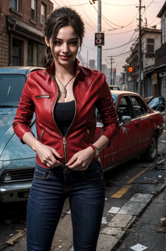 1girl, (realistic),(hyperrealism),(best quality),(masterpiece),(ultra high res),(photorealistic),idol,eye makeup,detailed eyes,detailed face,black dress, claireredfield2, brown hair, (red jacket:1.2), ponytail, (denim pants:1.3),, red wristband,, abandoned street, burning cars in background, littered street, smoke, chaos, zombie apocalypse, daytime, sunny,, hands in pocket, looking at viewer, smiling, closeup shot