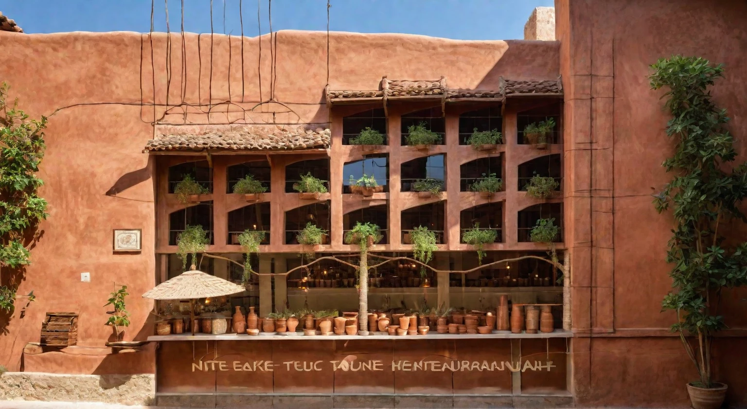 Rustic restaurant facade, primary material clay, rustic furniture, clay walls and decor, wooden tables and chairs, warm earthy tones, cozy ambiance, natural lighting, artisanal pottery, handmade elements, open layout, inviting atmosphere