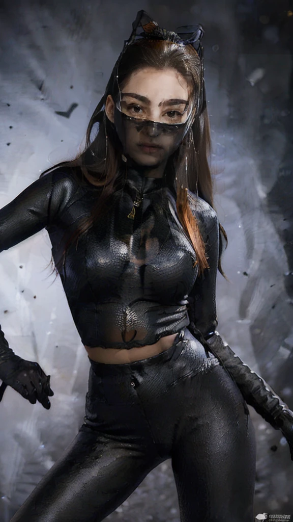 （lifelike， high - resolution：1.3），full body , 1 girl with a perfect body， Super fine face and eyes，slong hair， diamond midriff of black colors：1.2， black shiny leggings，face veil,   big boob，Expose cleavage, ninja pose, satin gloves.