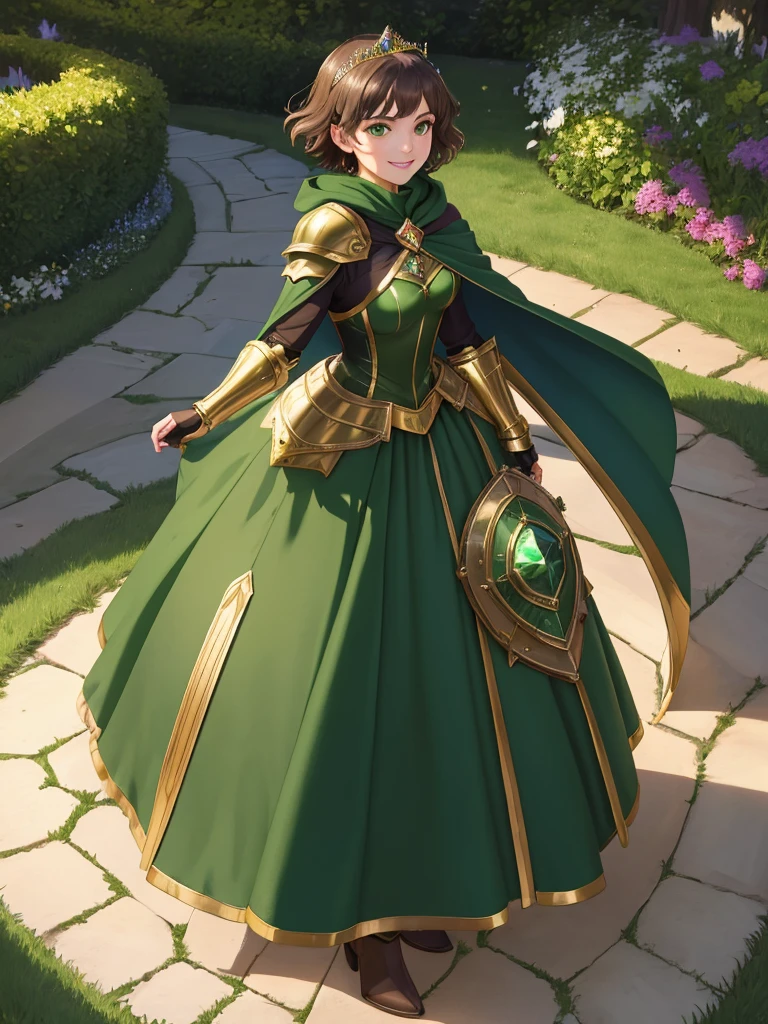 masterpiece, best quality:1.2), 1girl, smile, looking at viewer, green eyes, short brown hair, princess, armor, , pauldrons, armored dress, green cloak cape, wearing puffy blue ballgown skirt, golden tiara with green gem, armored boots, fingerless gloves, standing in medieval garden