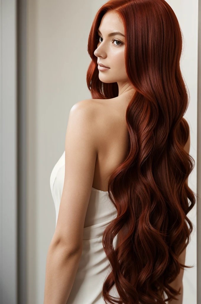 A woman with fair skin and shoulder-length, straight red hair styled with a side part and soft waves. She appears to be in her mid to late 20s. From behind.