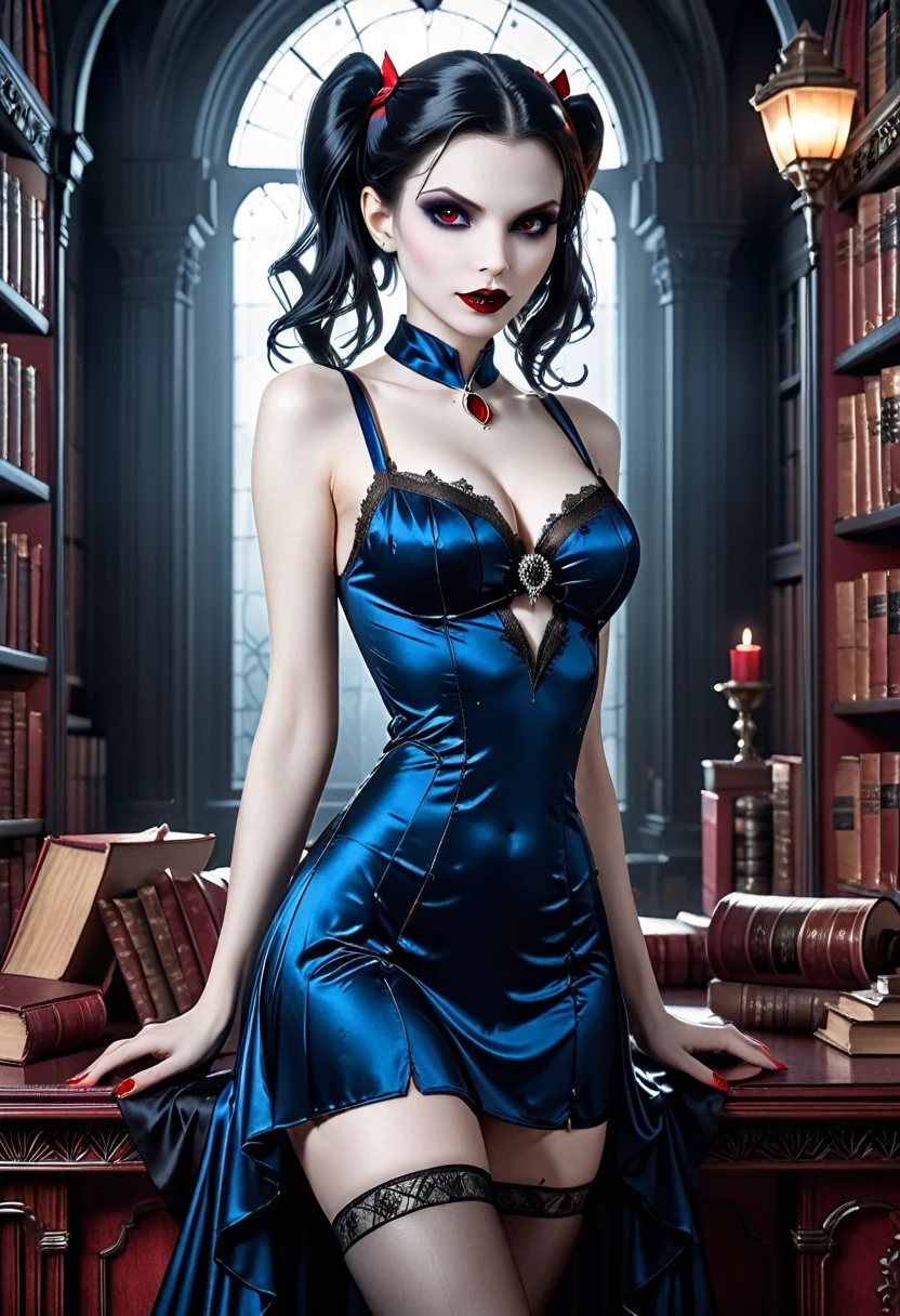 fantasy art deco (art deco: 1.5) A (black and white: 1.5) glamours (vampire: 1.5) model shot, RAW, award winning, of an exquisite beautiful 1solo female vampire, ultra feminine, full body, busty woman, most beautiful face ultra detailed face, ((long twin tails: 1.4)) , pale skin, glowing (red: 1.3) eyes, wearing (blue: 1.5) silk glamour intricate dress, stockings, wearing intricate high heels, light make up, ancient library background, (black and white filter: 1.4), (anatomically correct: 1.4), 1960s photoshoot style, picture taken from dynamic range, vibrant, Ultra-high resolution, High Contrast, (masterpiece:1.5), highest quality, Best aesthetics), best details, best quality, highres, ultra wide angle, 16k, [ultra detailed], masterpiece, best quality, (extremely detailed), Intense Gaze, dark novel, 