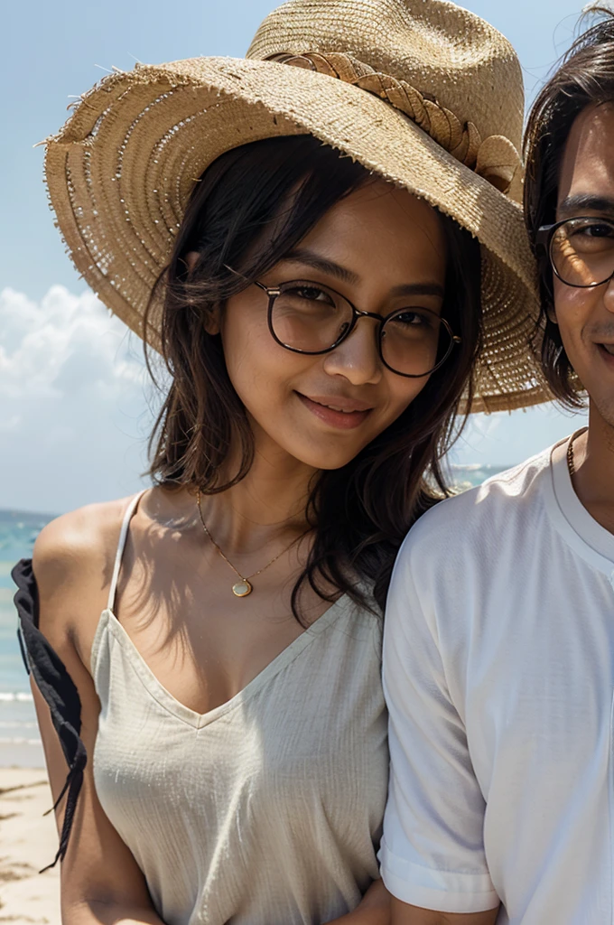 Digital oil painting, Indonesian couple bonding in love with husband and wife on the beach. The beautiful wife, wearing a bright casual shirt with loose hair, wearing a wide-brimmed sun hat and sunglasses, smiled while holding her husband's hand. Handsome husband wearing a light colored casual shirt, wearing black glasses while looking at his wife's face. The background features golden sand and sparkling sea waves. mountains are visible in the distance