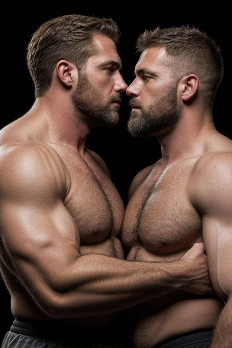 "8KUHD Very Realistic High Quality Create a professional studio-style photograph featuring two middle-aged, burly, hairy, beared big daddy bear,  and rugged man and his husband in boxers. beards, very realistic hair, very realistic beards, very realistic thick neck, very realistic neck lines, very realistic belly, very realistic chest, very realistic strong chest and arms, very realistic hairy chest and arms, very realistic burly body, very realistic face, very realistic eyes, very realistic nose, very realistic arms, very realistic hands, very realistic fingers, very realistic shoulders, very realistic mouth, very realistic lips, very realistic detailed skin, very realistic skin, very realistic mens clothing, very realistic detailed mens clothing. A man and his husband are kissing each other, realistically kissing each other, in a romantic and virile scene. Utilize all appropriate lighting techniques for studio photography. The background should be black." No Deformities, HDR