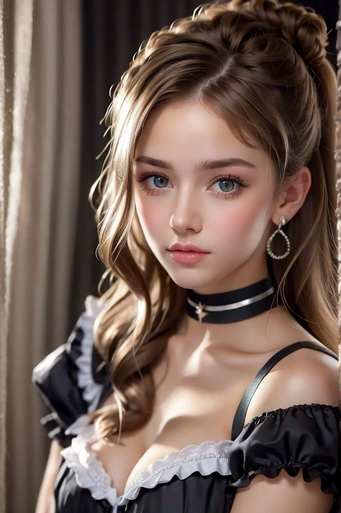 (((European Caucasian Woman)))、(((Mary, 18 years old)))、one person、(Thin contours、Grey Eye:1.5)、(Thin contours)、Big Breasts、Narrow waist、(((White and translucent skin:1.3)))、Beautiful, shiny blonde medium-long hair、8-head-tall model style、Tokyo cityWear 、the cutest gothic maid outfit in the world,The cutest maid choker in the world、The cutest gloves in the world、The most beautiful skin in the world、The most beautiful earrings in the world、The cutest sleeping face in the world、The cutest gravure idol pose in the world、Perfect proportions、cute、((18-year-old female:1.2)),Official Art,Highly detailed CG Unity 8K wallpaper,(masterpiece:1.0),(Highest quality:1.0), 超High resolution,4K,Very detailed, photo shoot, 8K, Hmph, High resolution, Kodak Portrait 400, Film Grain, Lens flare brilliance,高いest quality,8K,Hmph:1.2),Portrait Shot,8K、Show Viewer