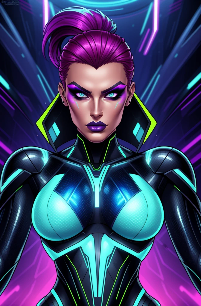 Kari Wurher, sleek futuristic outfit, sci-fi, portrait, (best quality, highres:1.2), vibrant colors, dynamic lighting, glowing effects, metallic texture, detailed face, fierce expression, confident pose, angular lines, trendy hairstyle, striking makeup.
