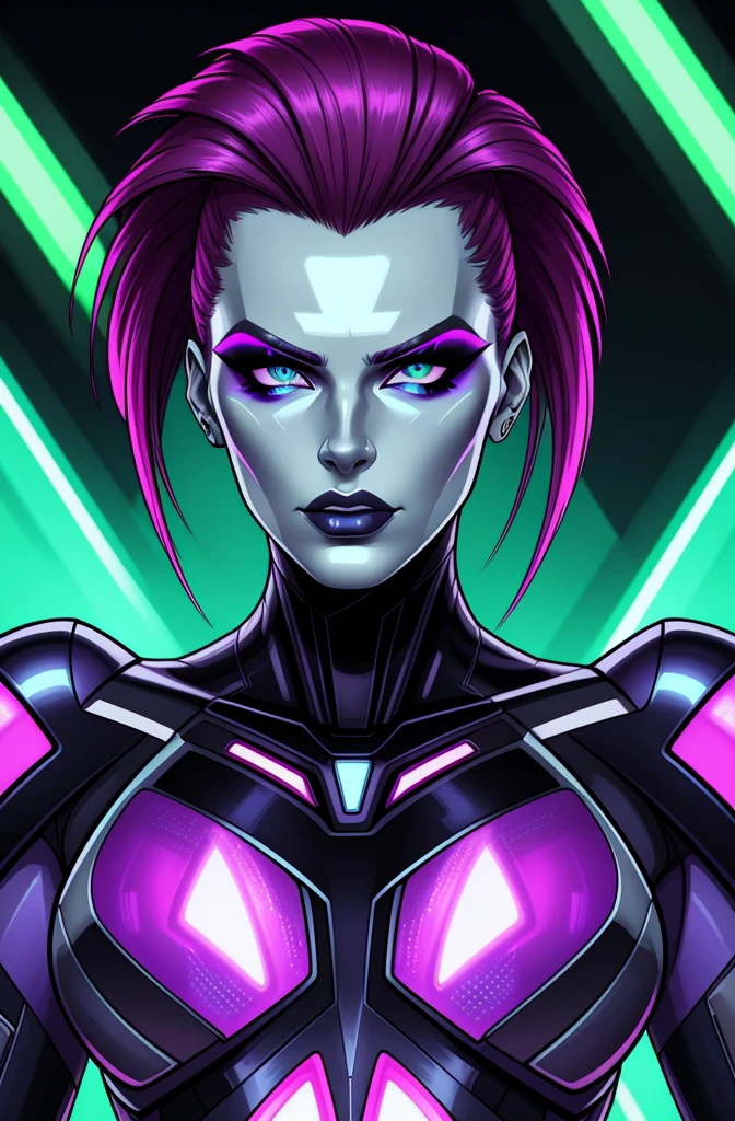 Kari Wurher, sleek futuristic outfit, sci-fi, portrait, (best quality, highres:1.2), vibrant colors, dynamic lighting, glowing effects, metallic texture, detailed face, fierce expression, confident pose, angular lines, trendy hairstyle, striking makeup.