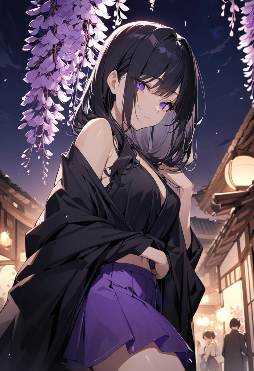 One girl, masterpiece, best quality, fair skin, beautiful girl, purple extensions, black hair, long purple skirt, black robe, night, wisteria flowers only, anime