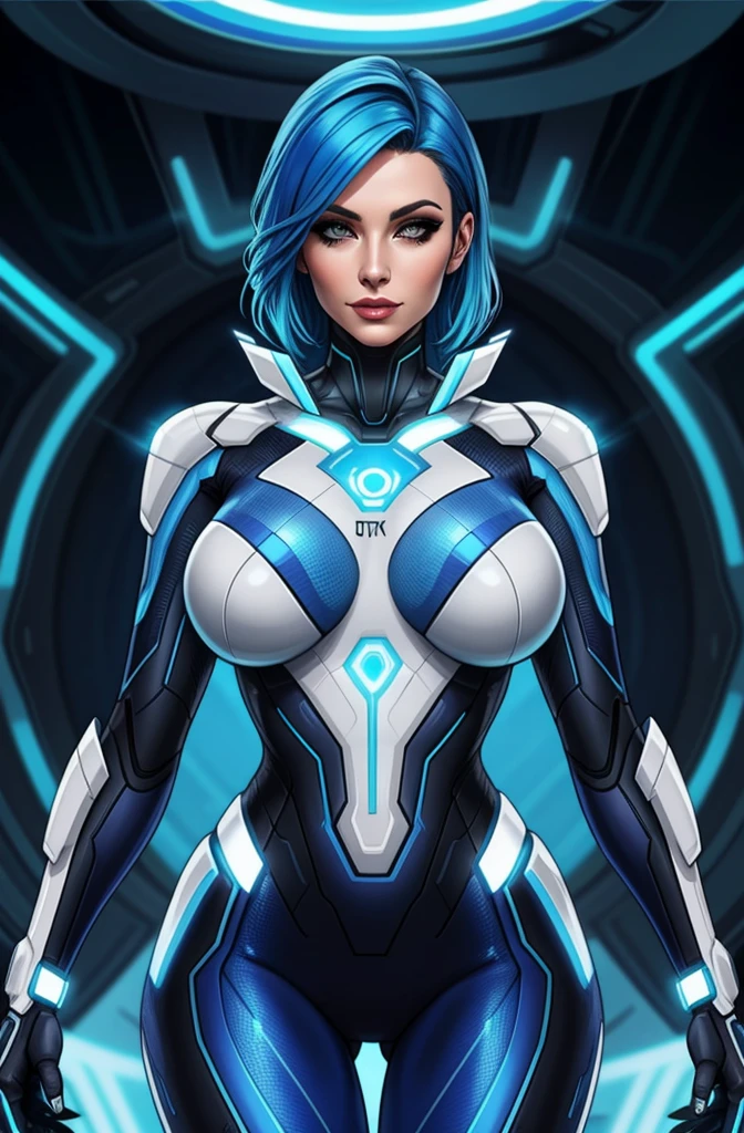 A woman in a futuristic suit with blue hair and a glowing face
